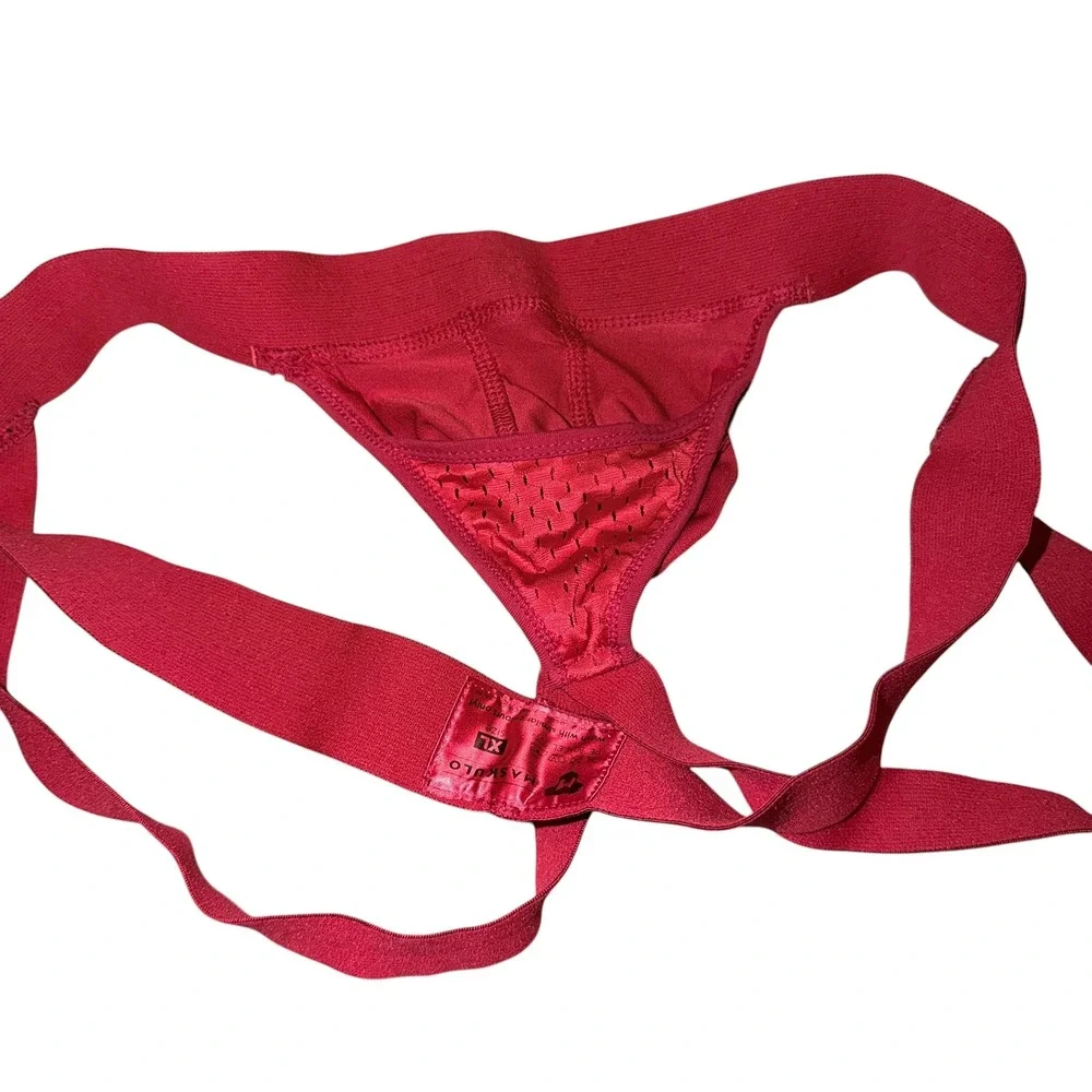 Maskulo Mens Red Athletic Jockstrap Logo Waistband Mesh Pouch Size‎ XL Underwear